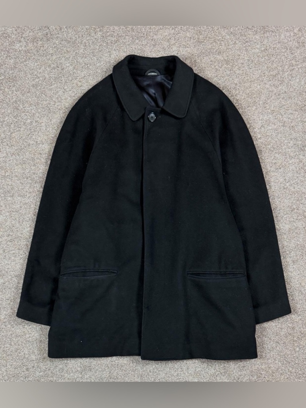 Vintage Jacobson’s Black Wool Short Overcoat Men’s Large Hidden Button Closure